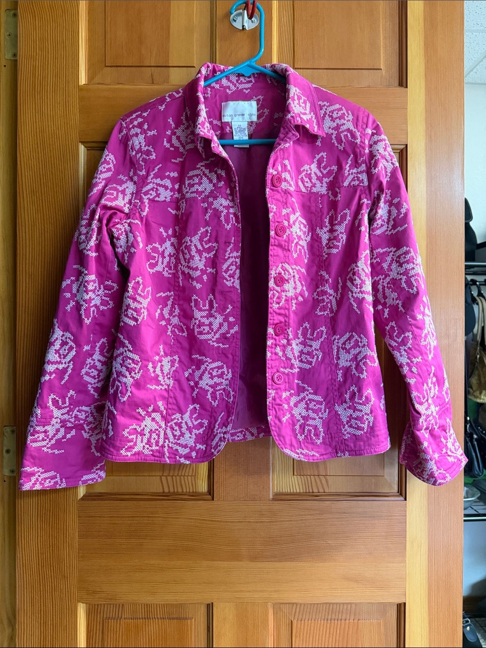 Susan Graver Hot Pink Embroidered Floral Shirt Jacket XS